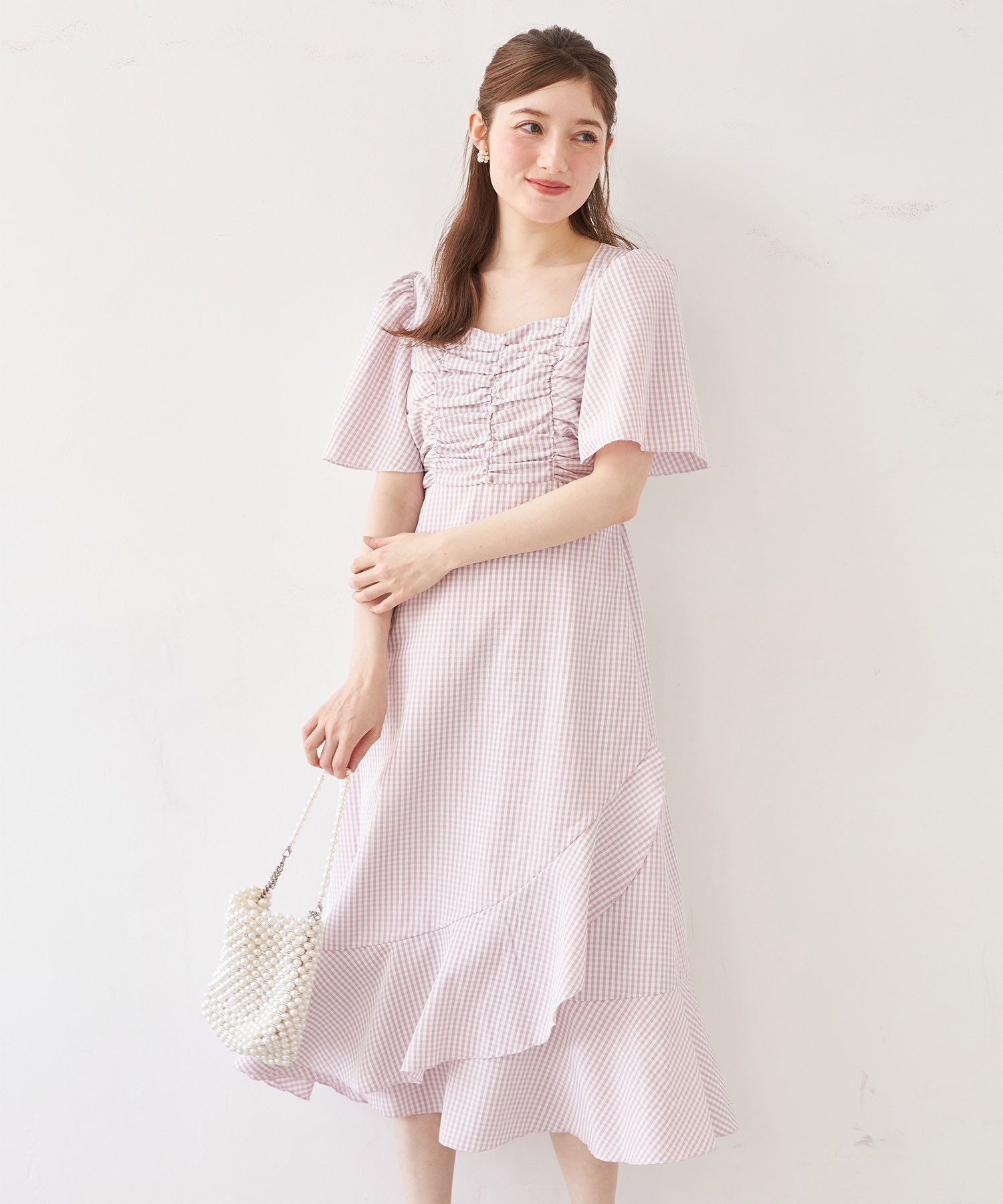 トッコクローゼット フレアスリーブギンガムチェックアシメラッフルワンピース トッコクローゼット tocco closet パール付きフレアスリーブ