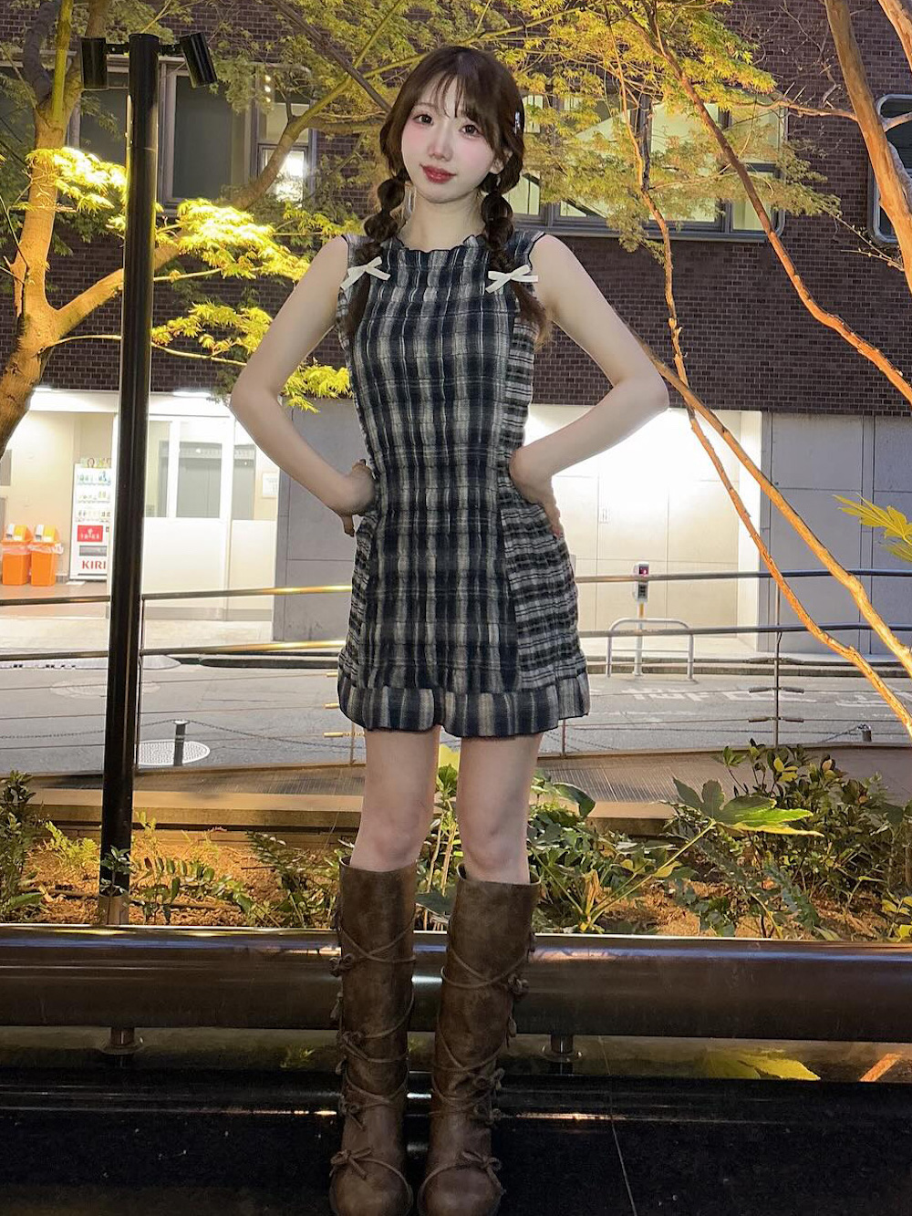 darich チェックコンビミニワンピース Navy ダーリッチ Darich チェックコンビミニワンピース （ブラウン