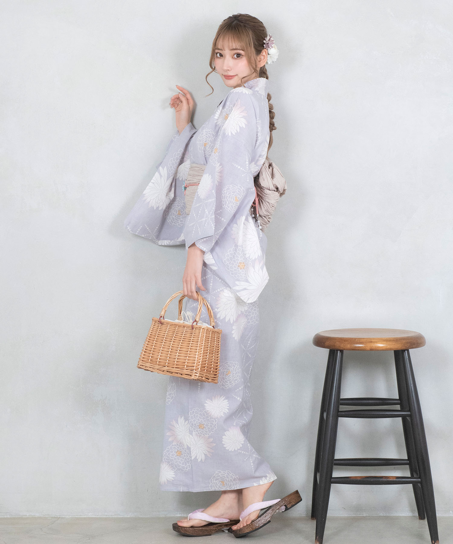 レティカ Retica 浴衣 レトロ 黒地にモノトーン菊 ゆかた3点
