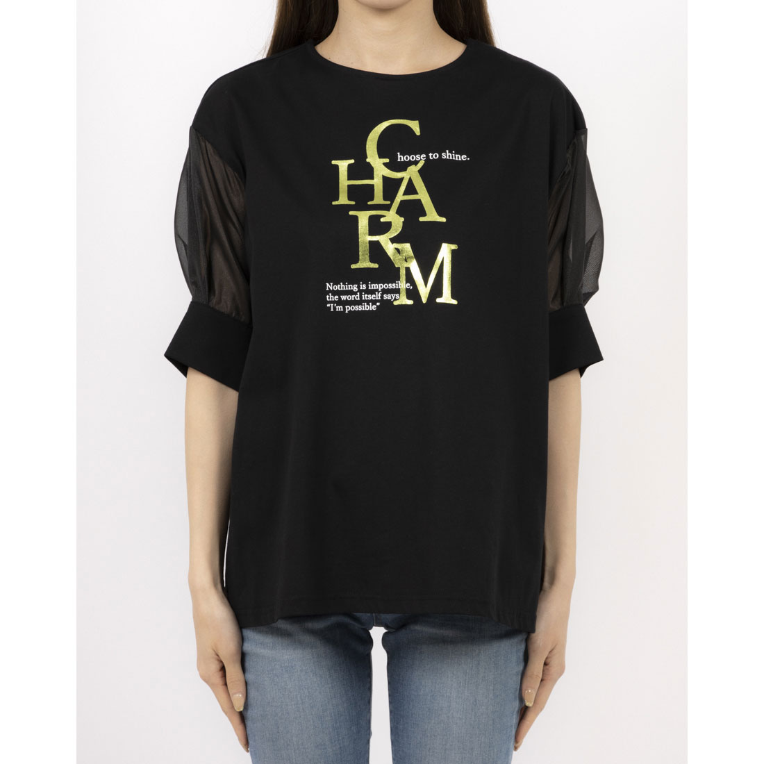 tシャツ EGLANTINE CHARM 箔ロゴプリント 袖光沢シアーカットソー 5分袖Tシャツ レディース エグランティーヌ EGLANTINE CHARM 箔ロゴプリント 袖光沢シアー