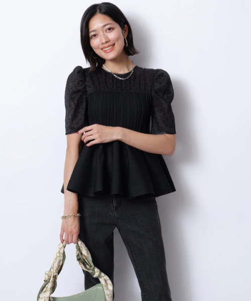 新品　JUSGLITTY ジャスグリッティー　シアーブラウスレイヤードニット 5分袖シアーブラウスレイヤードニット | ニット | JUSGLITTY