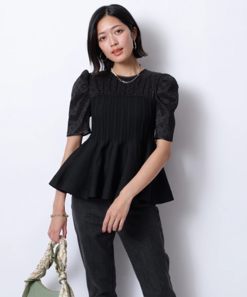 JUSGLITTY☆5分袖シアーブラウスレイヤードニット☆新品同様 ジャスグリッティー JUSGLITTY 5分袖シアーブラウスレイヤード