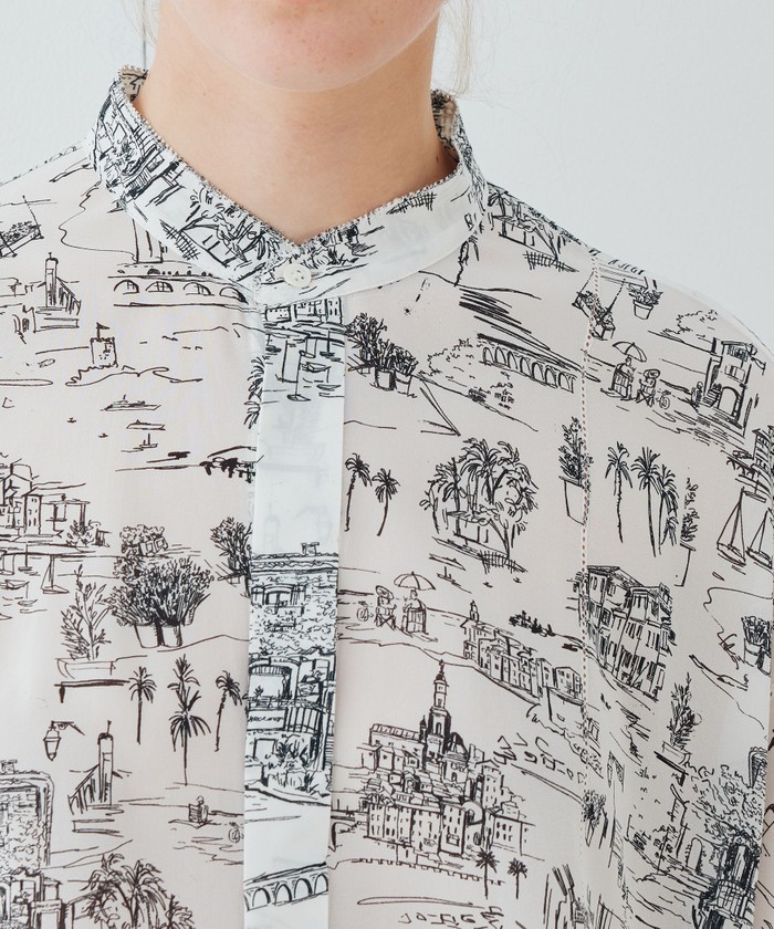 LandScapeシルクストレッチ スタンドネックボックスシャツ
