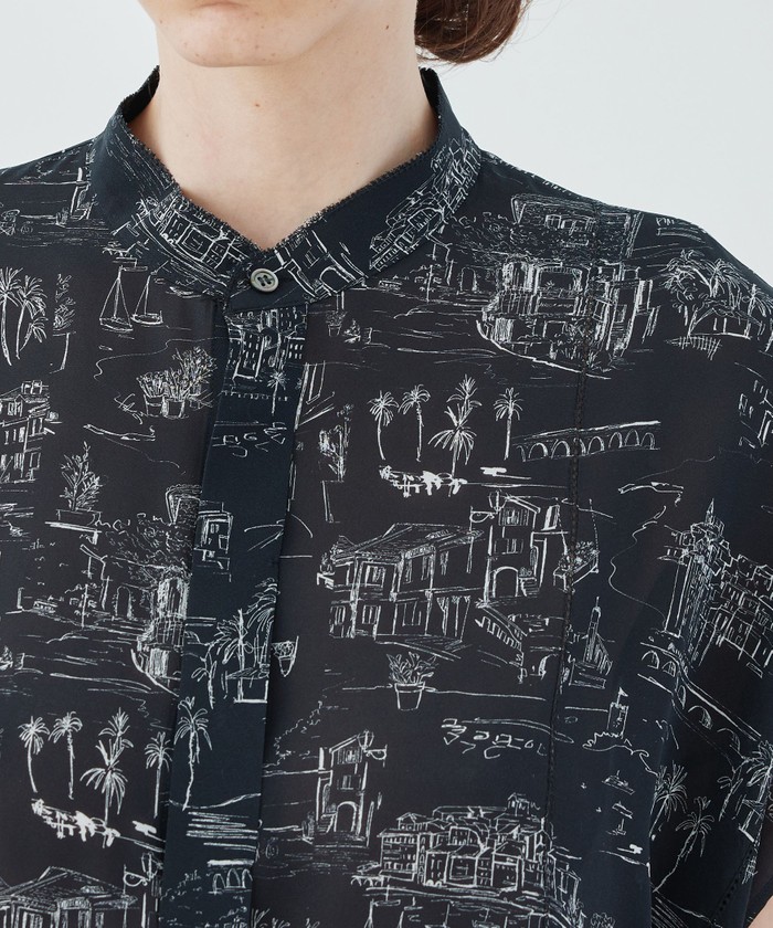 LandScapeシルクストレッチ スタンドネックボックスシャツ