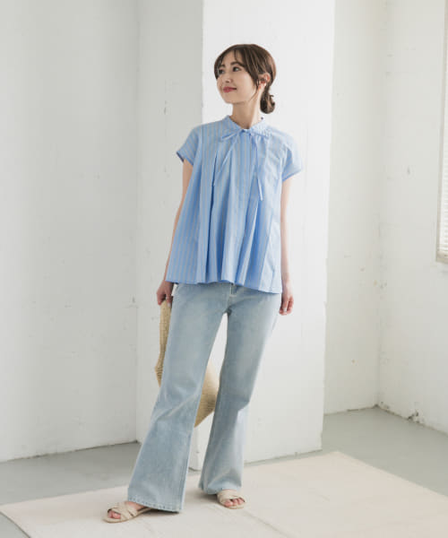URBAN RESEARCH DOORS ストライプリボンフレアブラウス URBAN RESEARCH DOORS｜ストライプリボンフレアブラウス