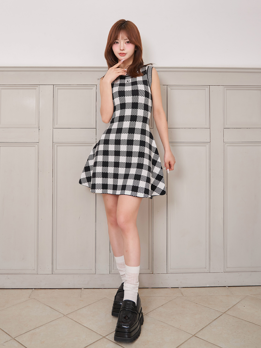 【試着】Darich ダーリッチ DRロゴギンガムニットミニワンピース Free ダーリッチ Darich DRロゴギンガムニットミニワンピース