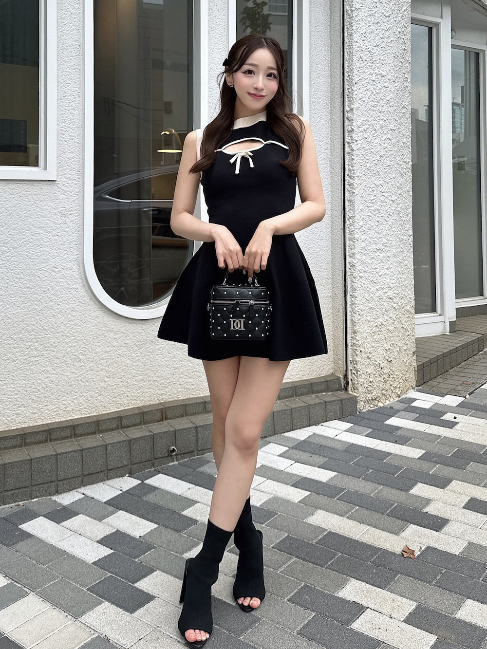 Darich ポイントオープンニットミニワンピース BLK ダーリッチ Darich ポイントオープンニットミニワンピース