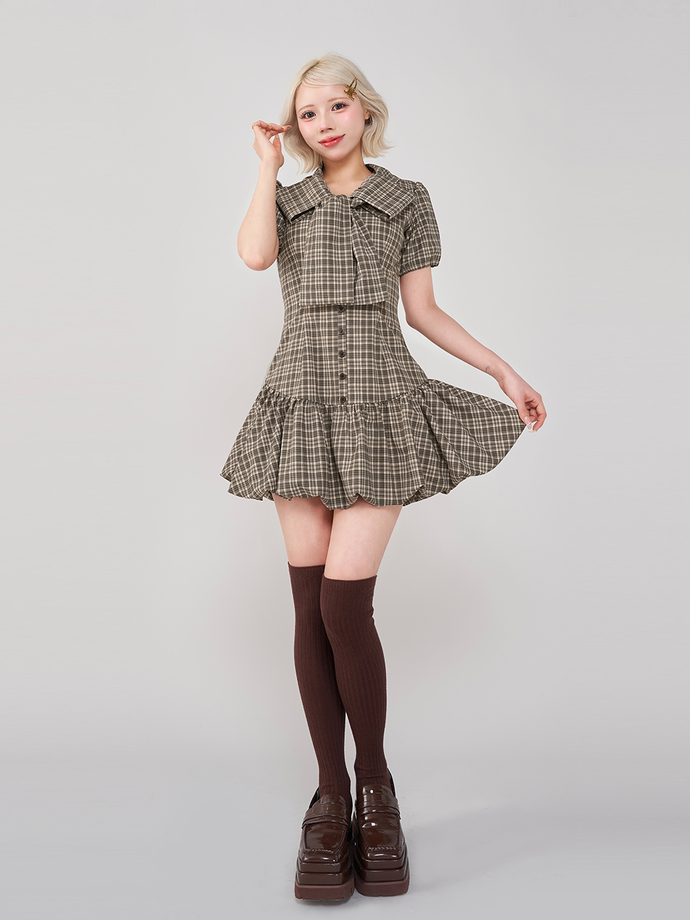 ダーリッチ Darich ビッグリボンバルーンチェックミニワンピース