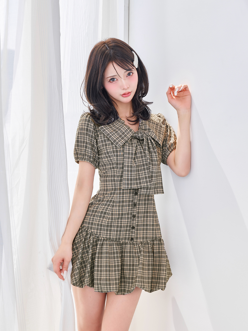 ダーリッチ Darich ビッグリボンバルーンチェックミニワンピース