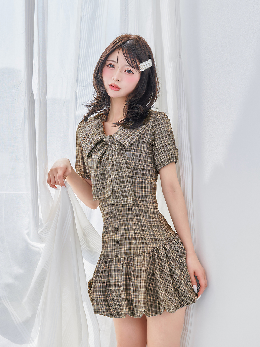 ダーリッチ ビッグリボンバルーンチェックミニワンピース FL ベージュ ダーリッチ Darich ビッグリボンバルーンチェックミニワンピース