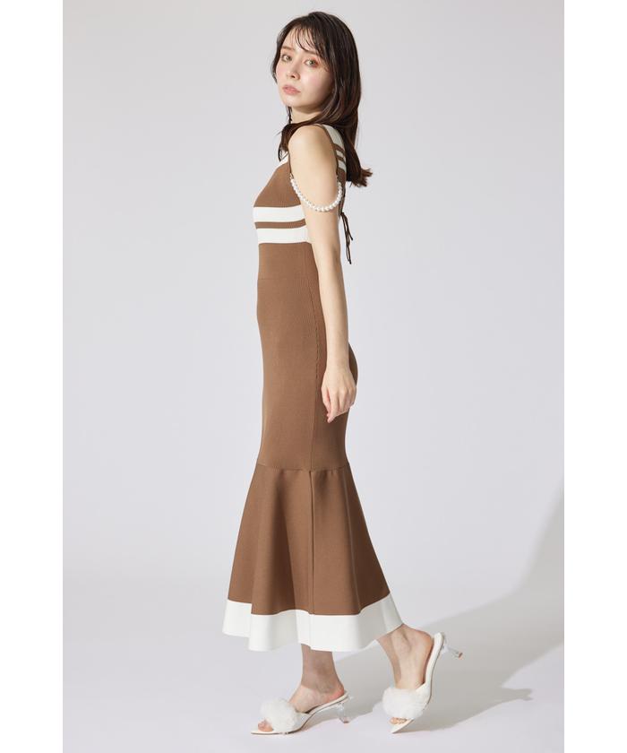 rienda ワンピース 2WAYネックリボンフェイクパールニット