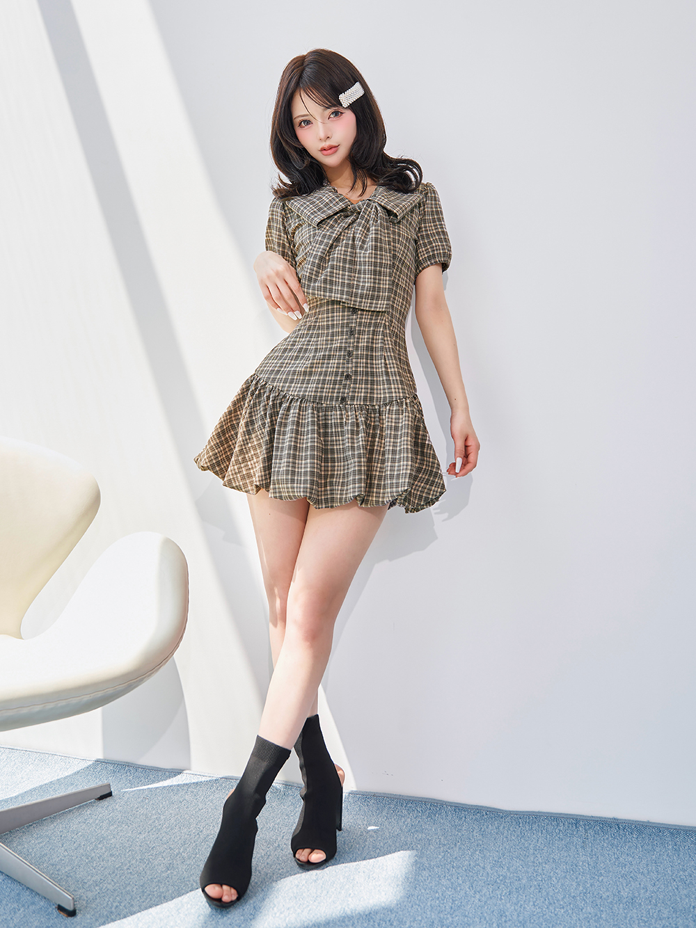 ダーリッチ Darich ビッグリボンバルーンチェックミニワンピース 予約商品】ビッグリボンバルーンチェックミニワンピース