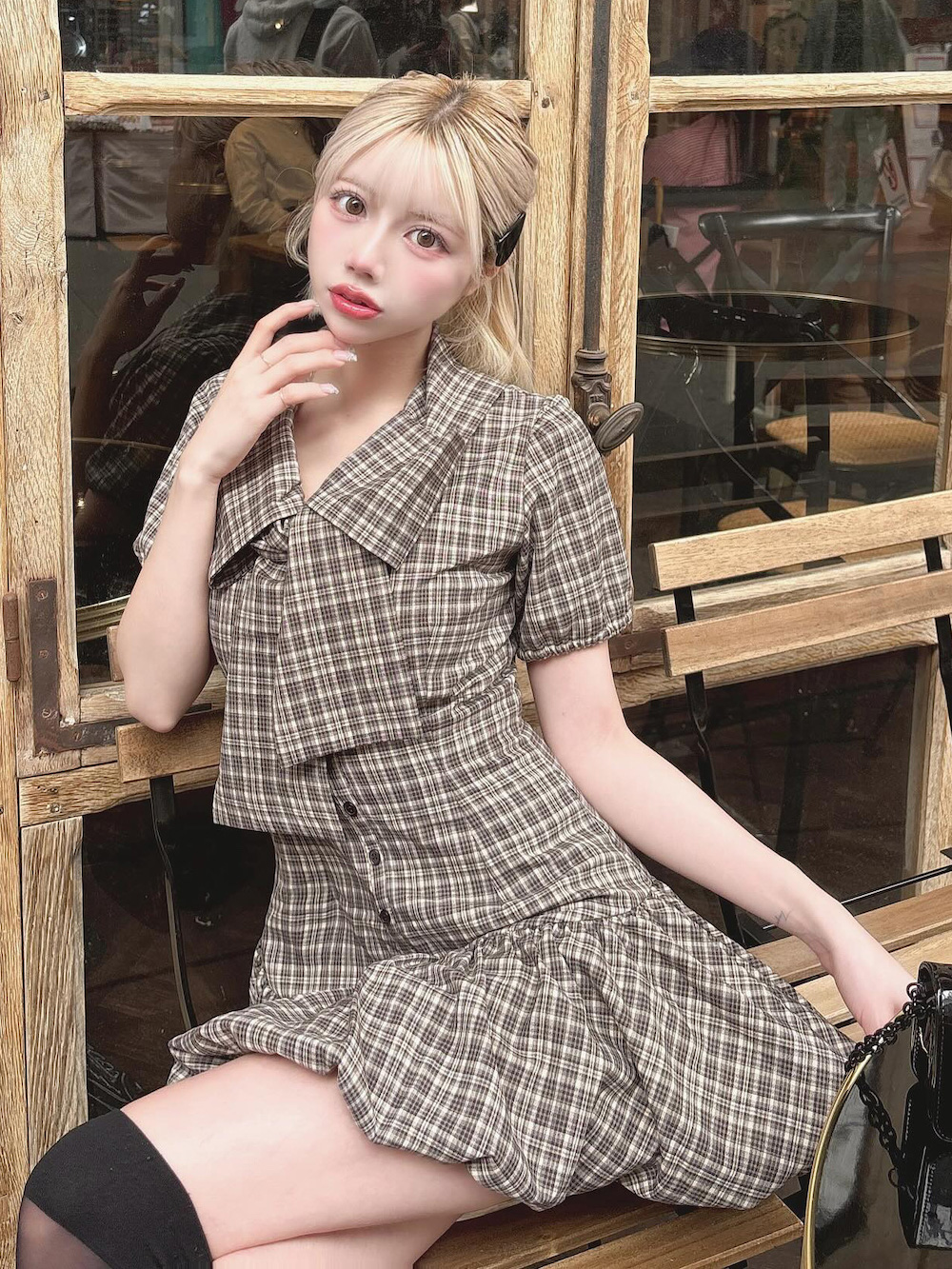Darich ビッグリボンバルーンチェックミニワンピース グリーン 予約商品】ビッグリボンバルーンチェックミニワンピース