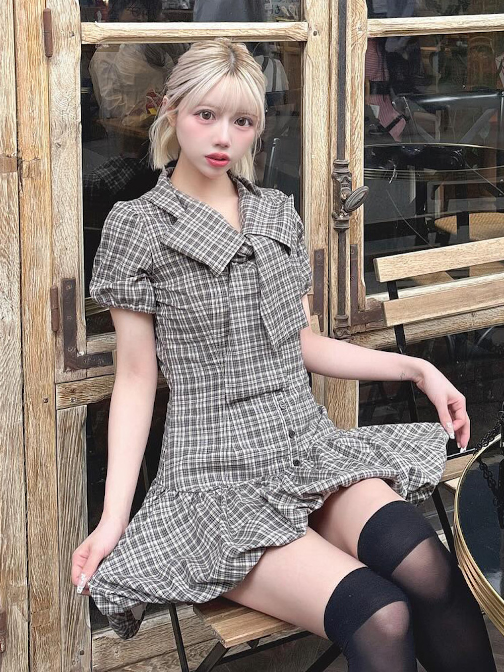 ダーリッチ Darich ビッグリボンバルーンチェックミニワンピース