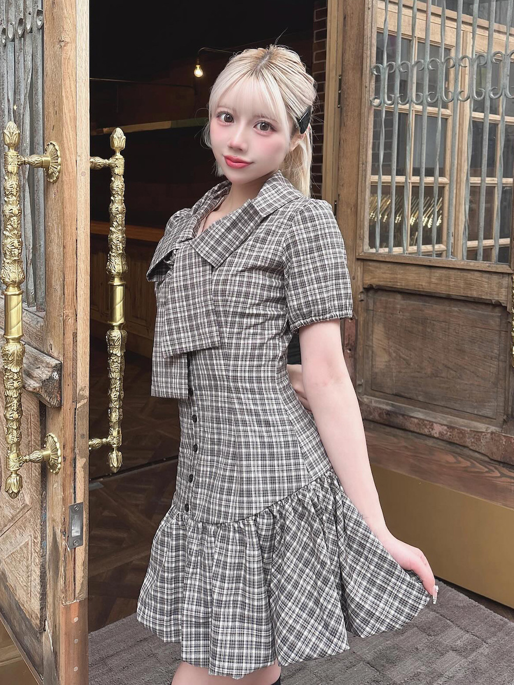 Darich ビッグリボンバルーンチェックミニワンピース BEG FREEサイズ ダーリッチ Darich ビッグリボンバルーンチェックミニワンピース