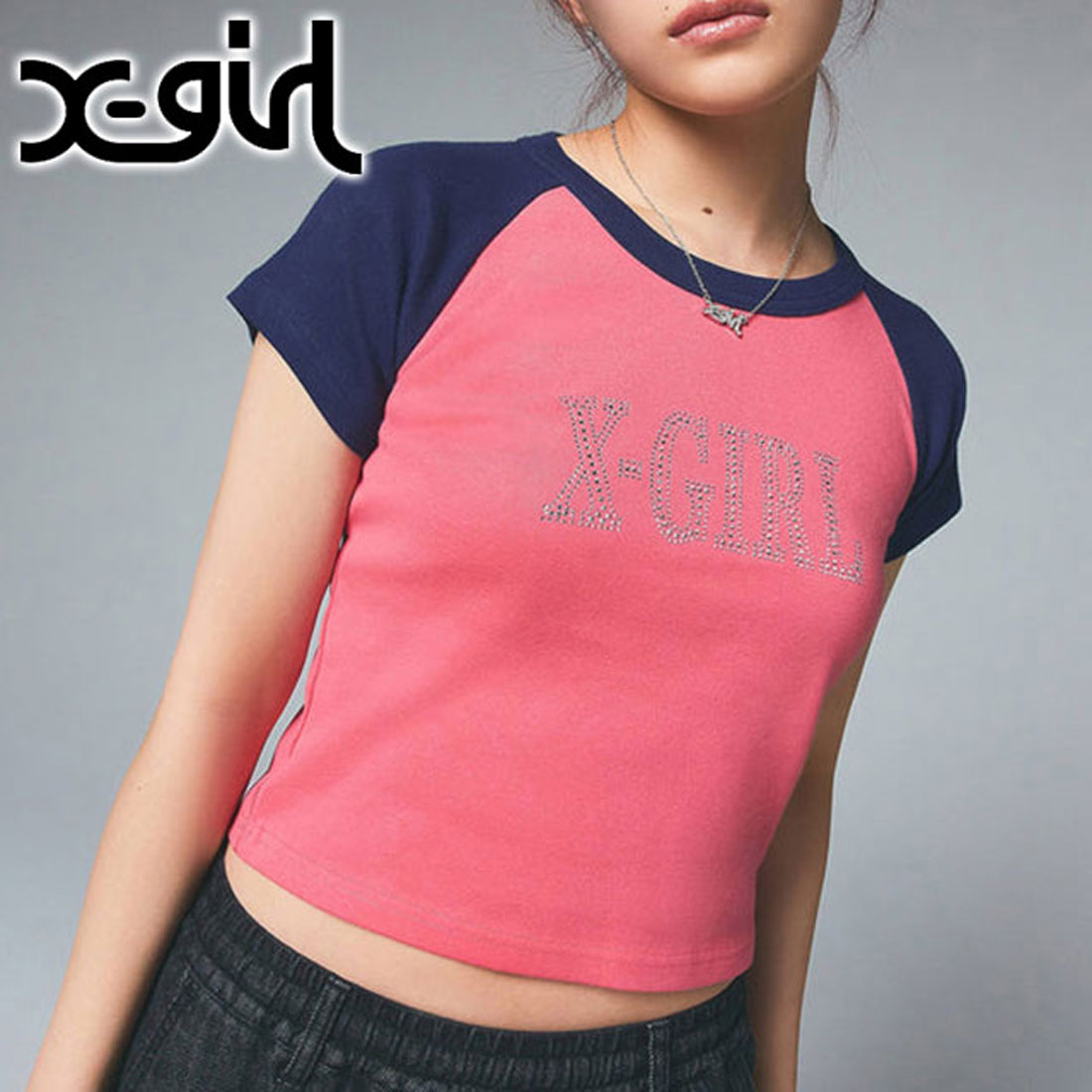 国内配送★X-girl★RHINESTONE ROMAN TYPE LOGO RAGLAN エックスガール X－girl RHINESTONE ROMAN TYPE LOGO RAGLAN S/S
