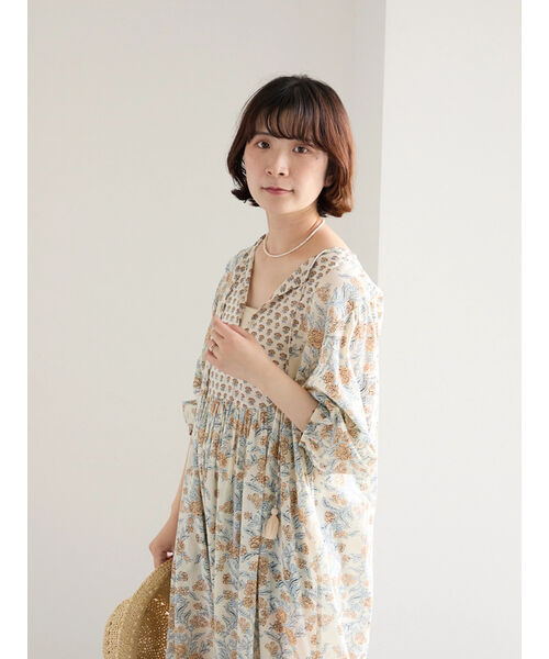 Samansa Mos2 花柄ワンピース　インド綿　ナチュラル　サイズF Samansa Mos2 花柄ワンピース インド綿 ナチュラル サイズF