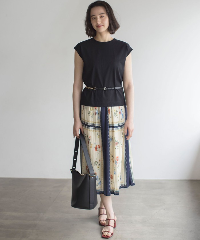 【DKNY】プリントパネルスカーフツイルミディドレス DKNY Women's Sleeveless Side Drape Midi Dress, Black, 4 at