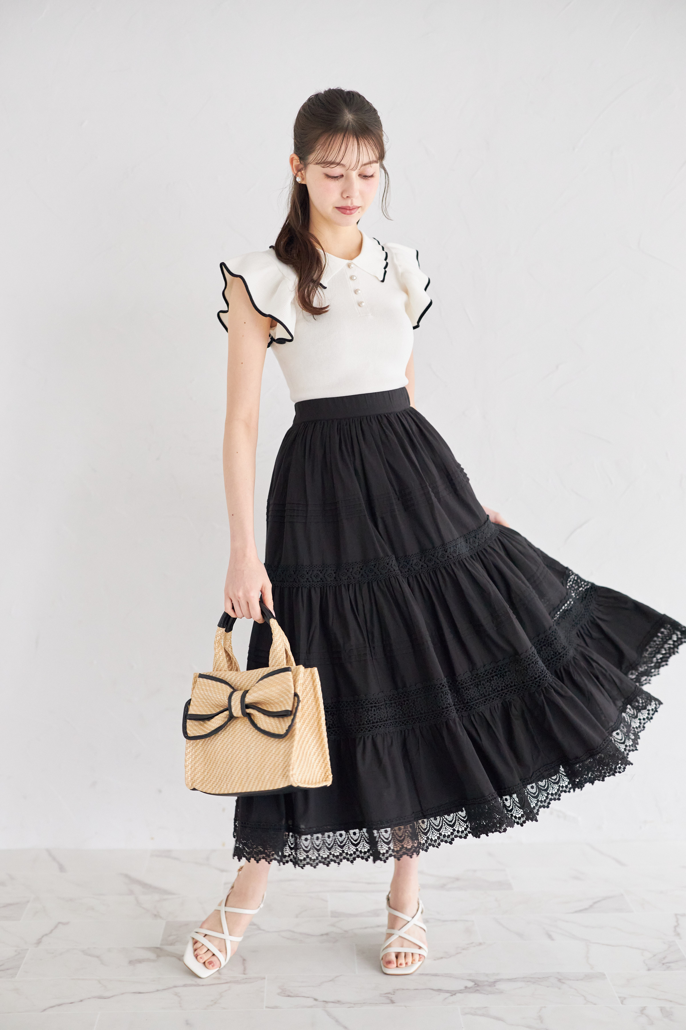 コットンティアードスカート トッコクローゼット tocco closet ポケット付きレース切り替え