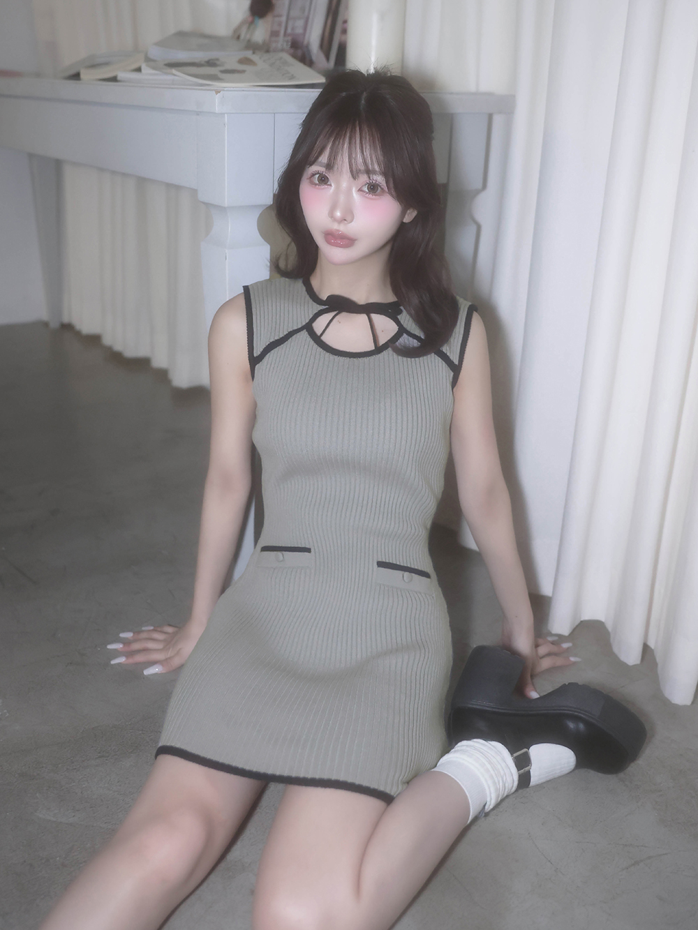 Darich デコルテオープンニットミニワンピース GRY ダーリッチ Darich デコルテオープンニットミニワンピース