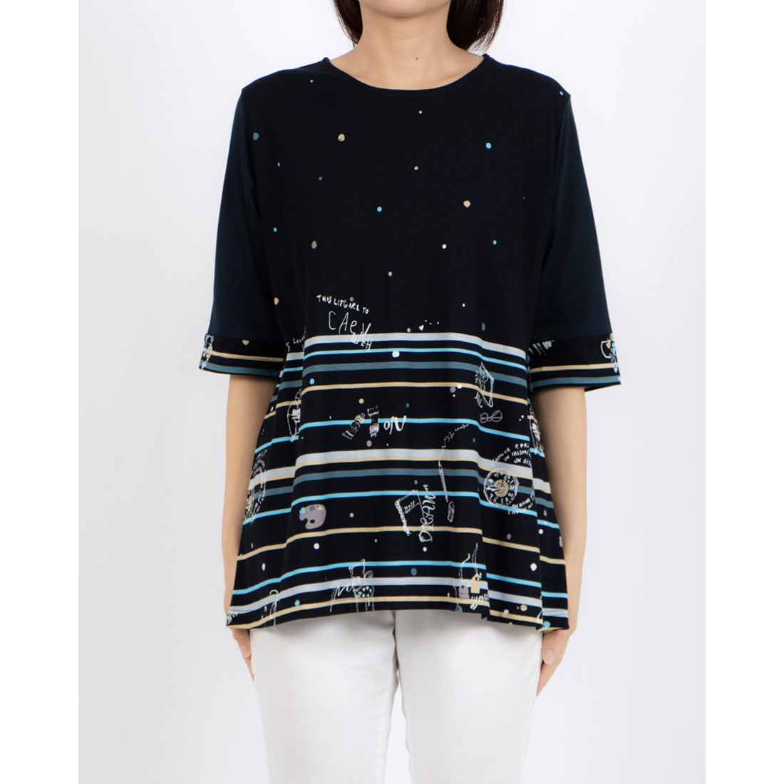 tシャツ BRODIAEA カラフルライン×イラストプリント半袖カットソー「日本製」 レディース tシャツ BRODIAEA カラフルライン×イラストプリント半袖