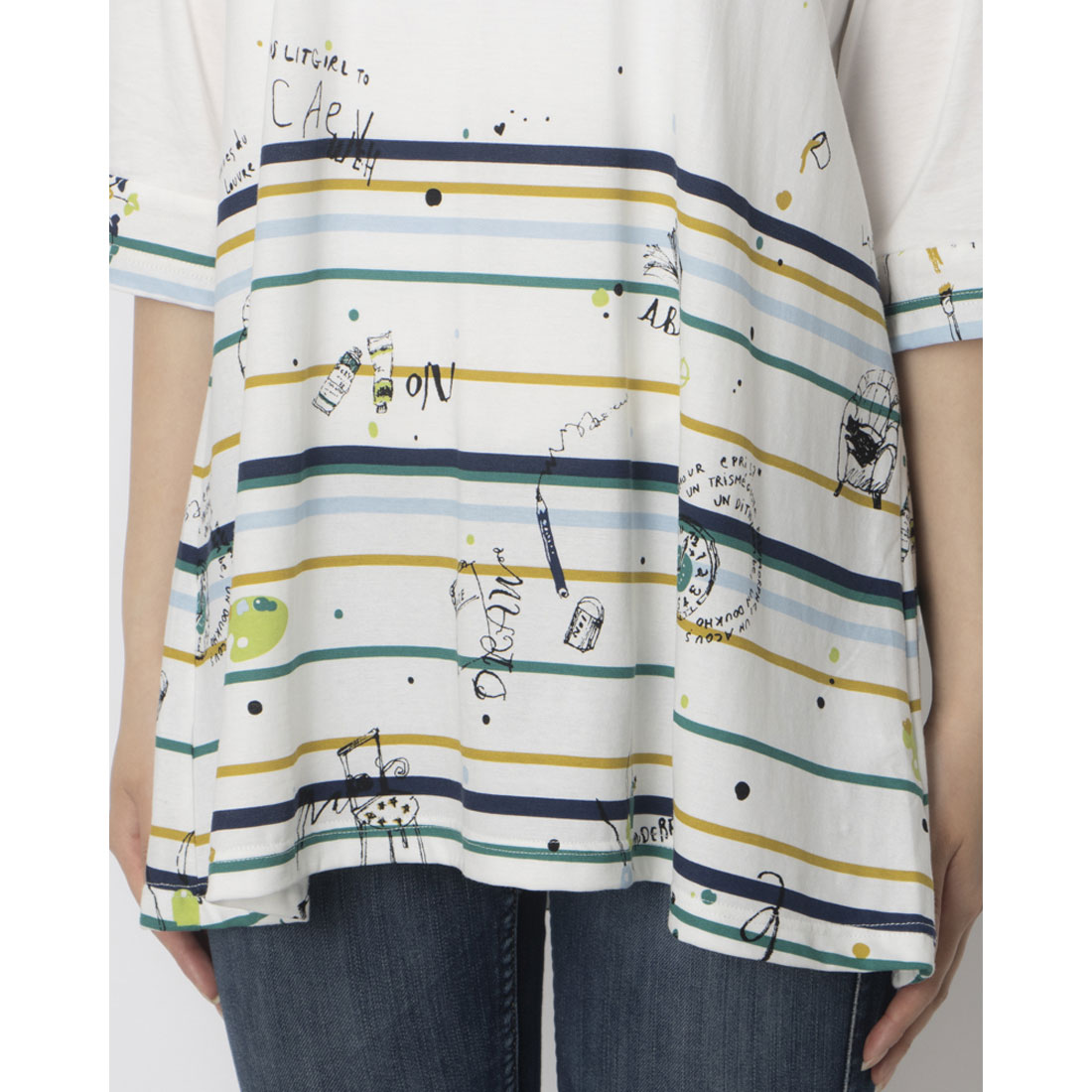 tシャツ BRODIAEA カラフルライン×イラストプリント半袖カットソー「日本製」 レディース ブローディア BRODIAEA カラフルライン×イラストプリント半袖