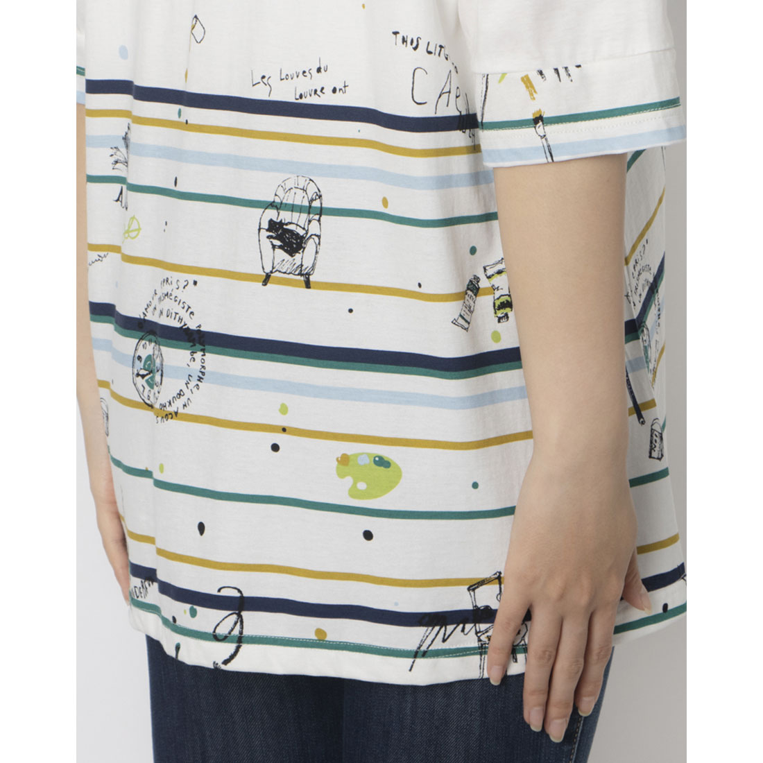 tシャツ BRODIAEA カラフルライン×イラストプリント半袖カットソー「日本製」 レディース tシャツ BRODIAEA カラフルライン×イラストプリント半袖
