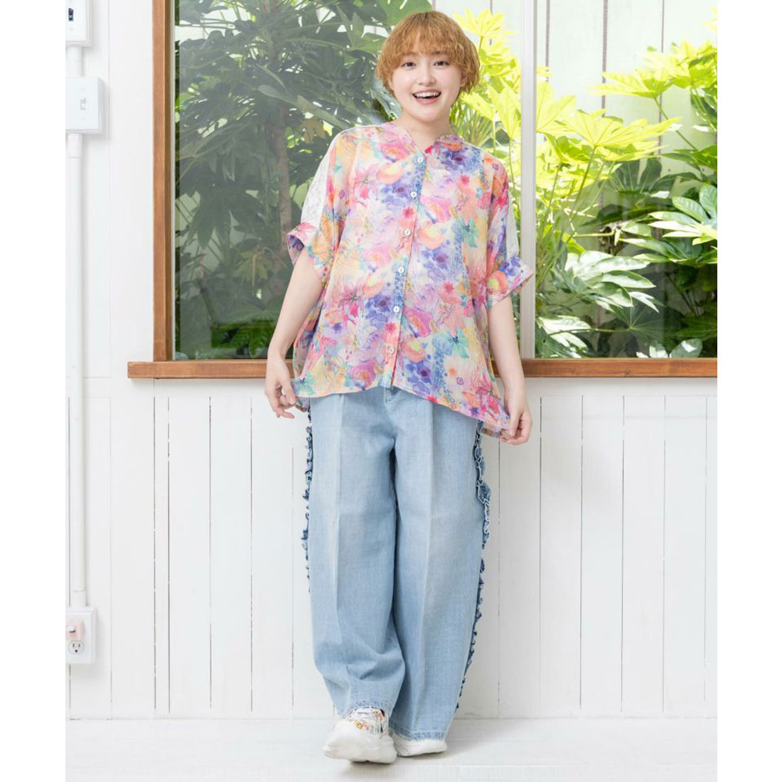 新品　スカラー　花クラゲ柄レース切替シャツ　シフォンシャツ　Ｍ スカラー ScoLar 花クラゲ柄レース切替シャツ(508244834