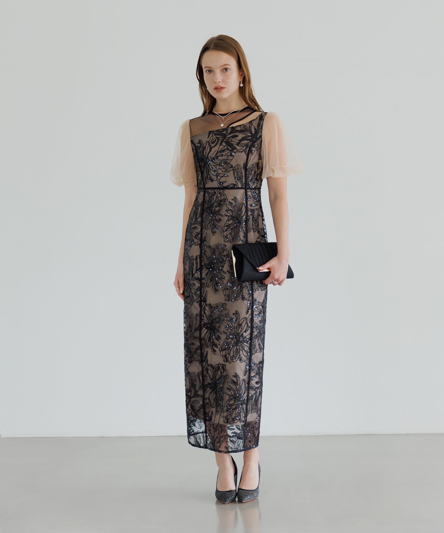 LEJA アシンメトリーシアーフラワードレスワンピース美脚効果結婚式 ドレス レジャ Leja アシンメトリーシアーフラワードレス美脚効果結婚式