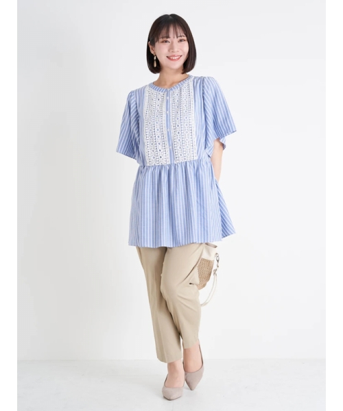 ♧新品未使用！Super Beauty レース切替ストライプ柄チュニック