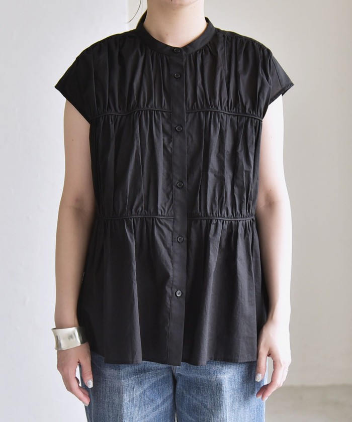 SHIPS for women / シップスウィメン quaranciel:〈手洗い可能〉コットンボイル シアー ギャザー バンドカラー シャツ ブラウス SHIPS｜quaranciel:<手洗い可能>コットンボイル シアー ギャザー