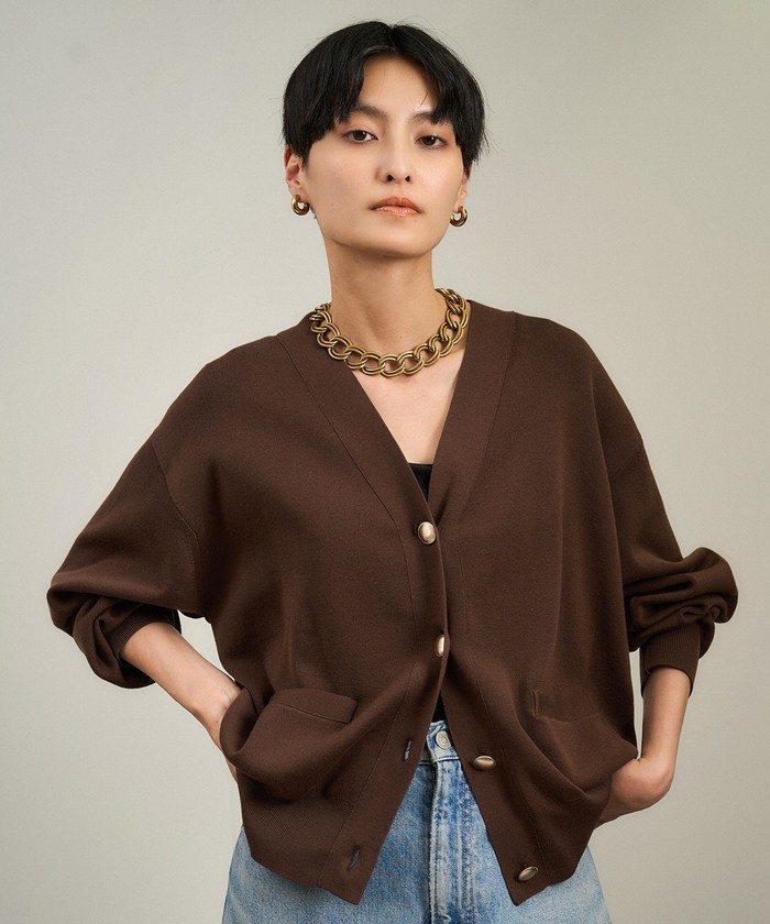 HERMES◆カーディガン/リブライン/メタルボタン/34/ポリエステル/ブラウン/レオパード WEB限定】メタルボタンスウェットライクラインカーディガン 2