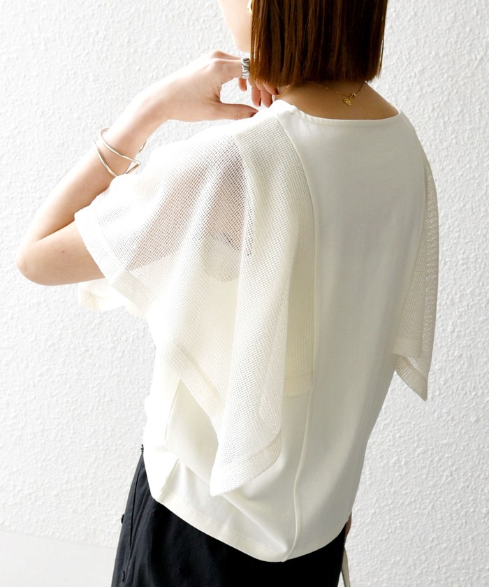 SHIPS any:〈手洗い可能〉メッシュ シアー ハンカチ スリーブ ドッキング TEE SHIPS｜SHIPS any:<手洗い可能>メッシュ シアー ハンカチ