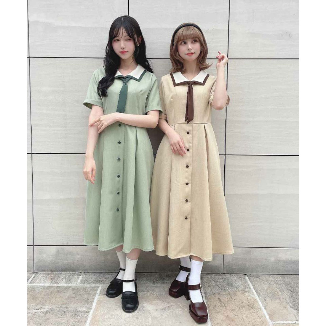 スカーフタイ付きバイカラーワンピース　【1枚で快適】夏服　Fi.n.t セール】スカーフタイ付きバイカラーワンピース 【1枚で快適