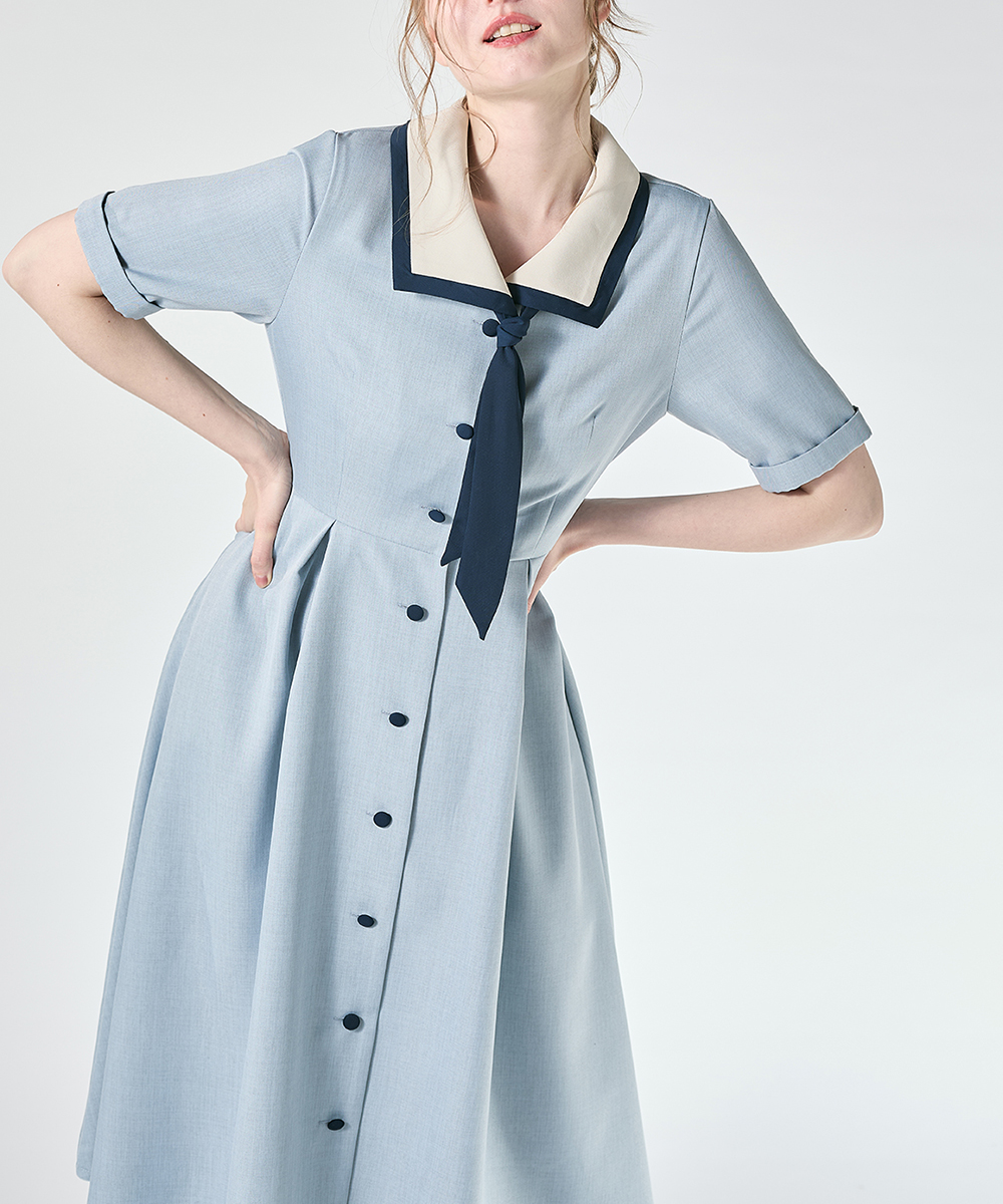 スカーフタイ付きバイカラーワンピース　【1枚で快適】夏服　Fi.n.t セール】スカーフタイ付きバイカラーワンピース 【1枚で快適