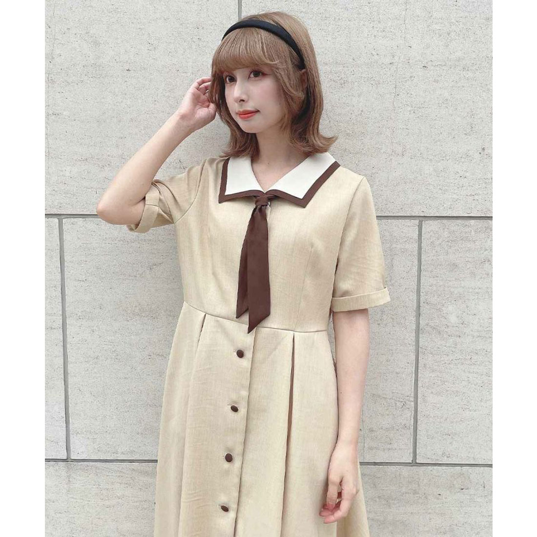 Fi.n.t フィント スカーフタイ付きバイカラーワンピース ライトグリーン フィント F i.n.t 【洗える】スカーフタイ付きバイカラー