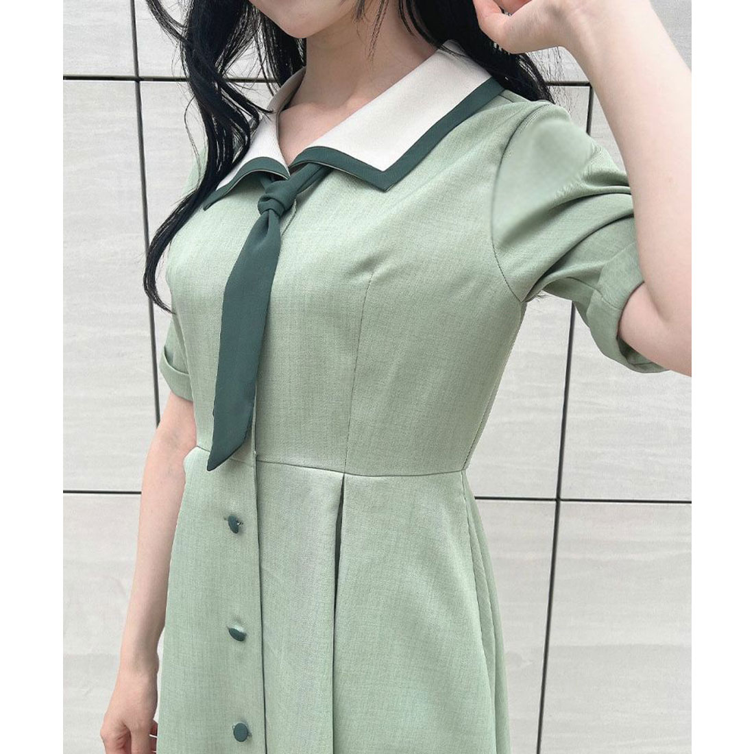 スカーフタイ付きバイカラーワンピース　【1枚で快適】夏服　Fi.n.t フィント F i.n.t 【洗える】スカーフタイ付きバイカラー