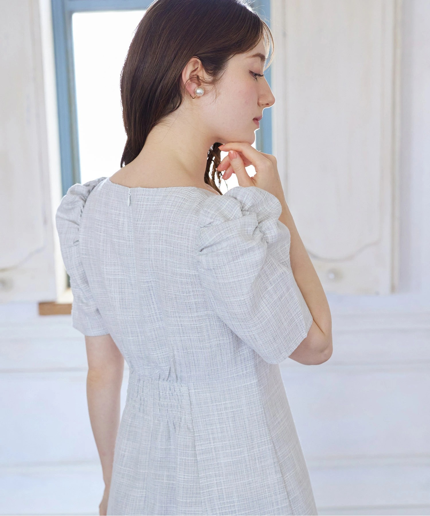 トッコクローゼット パワーショルダーサマーツイードワンピース tocco closet パール飾り釦付きパワーショルダーサマーツイード