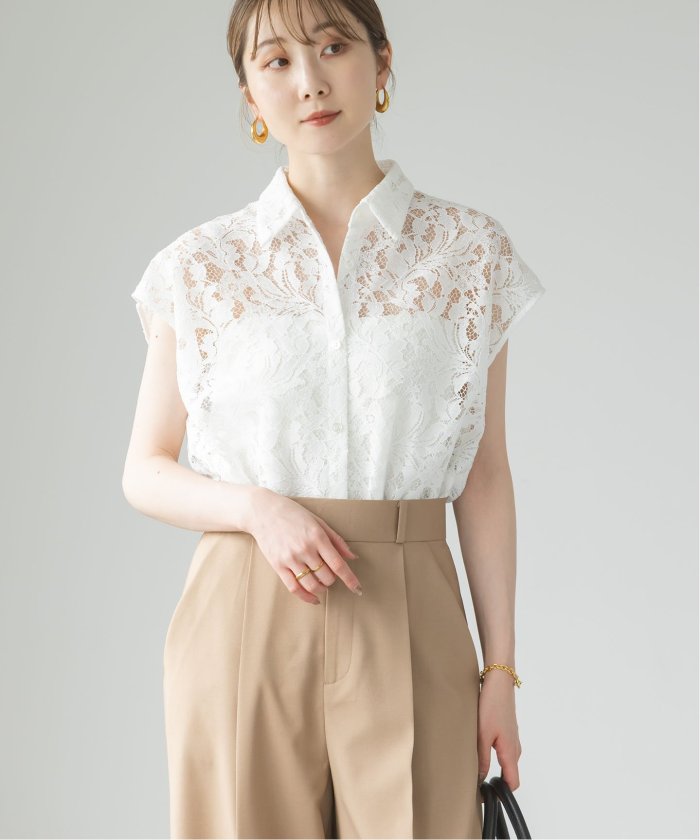新品　NOBLE 【洗える】ボタニカルレースフレンチスリーブブラウス　ホワイト セール 20%OFF】【洗える】ボタニカルレースフレンチスリーブ