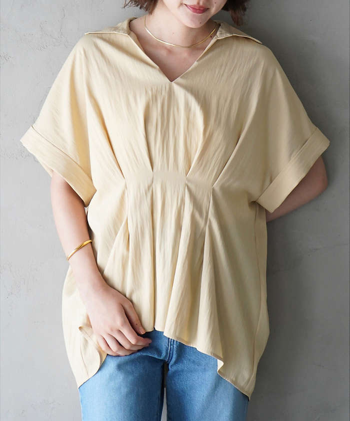 ブラウス シャツ ウエストタックスキッパー半袖シャツ レディース タックデザインスキッパーブラウス（半袖）[品番：GERW0000077