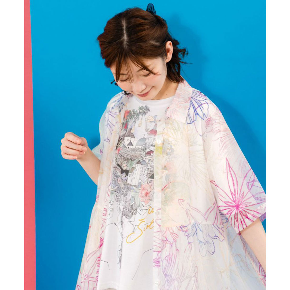 552250：花フルーツ柄シアーシャツワンピース（ワンピース）｜iS