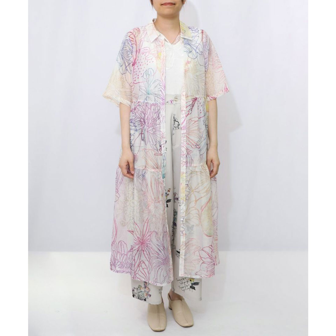 552250：花フルーツ柄シアーシャツワンピース（ワンピース）｜iS