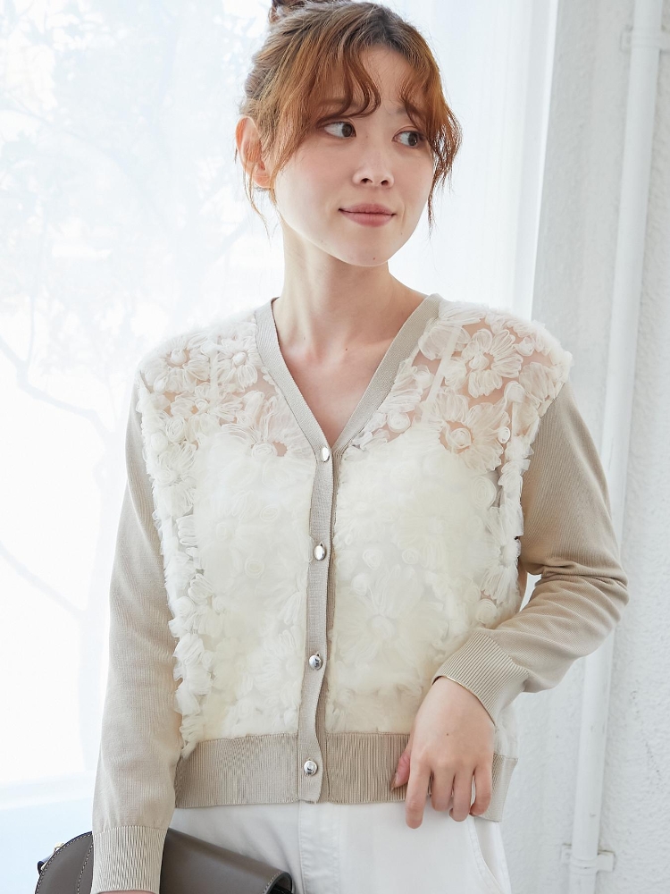 le.coeur blanc チュール刺繍Vネックカーディガン ルクールブラン le.coeur blanc チュール刺繍Vネック