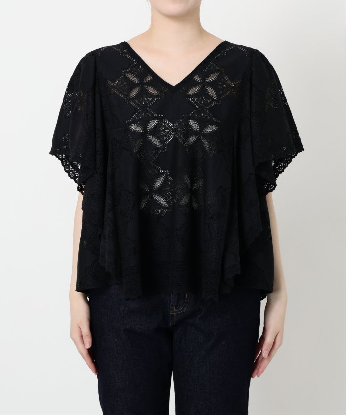SLOBE IENA レースフリルVネックブラウス ブラック 完売品 SLOBE IENA ブラウス シャツ レースフリルVネックブラウス
