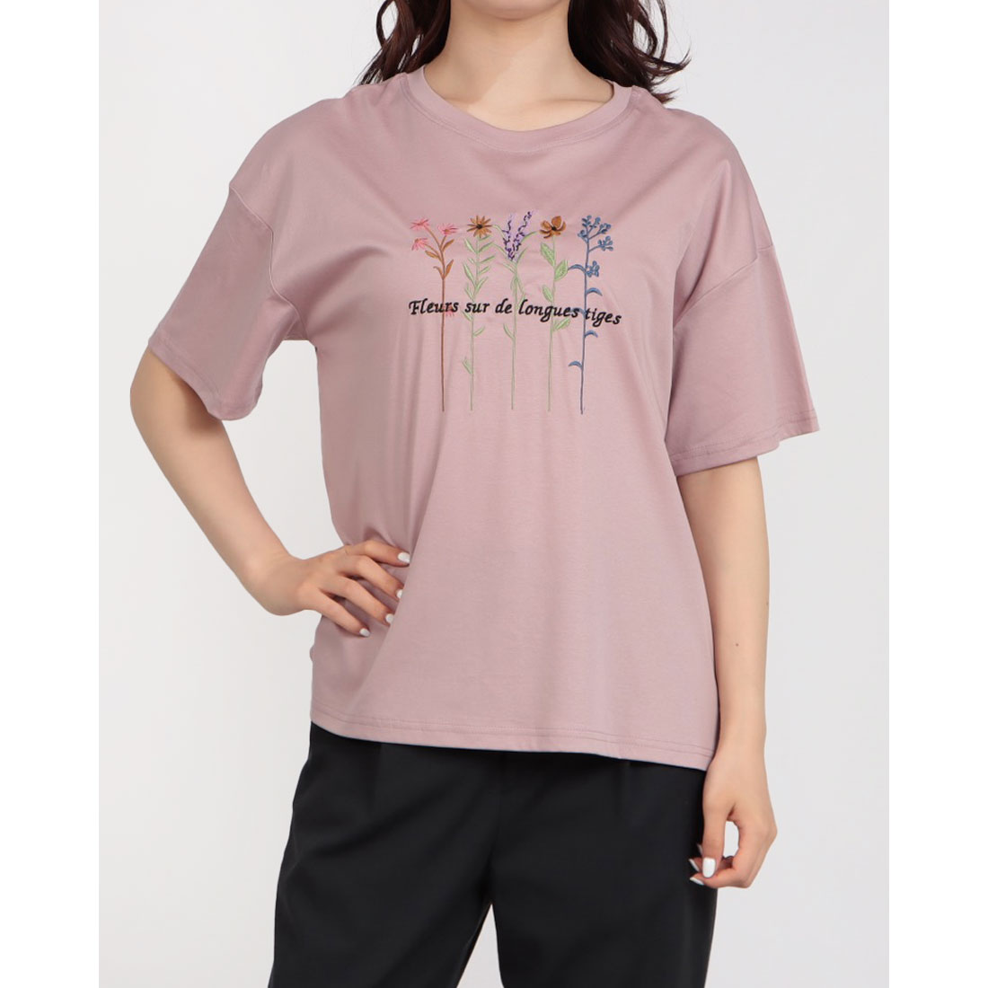 tシャツ BRODIAEA カラフルフラワー刺繍半袖Tシャツ レディース ブローディア BRODIAEA カラフルフラワー刺繍半袖Tシャツ