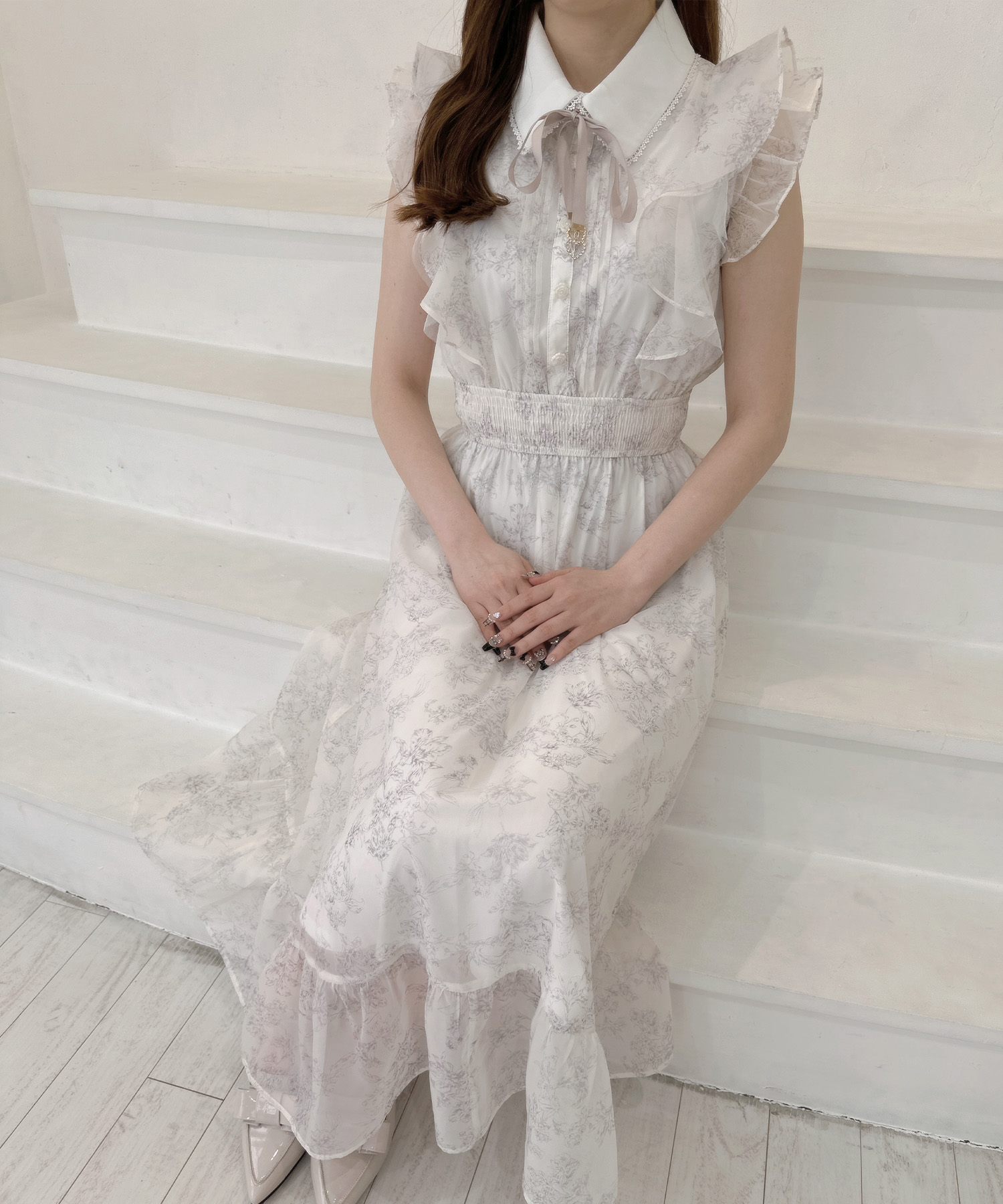 ROJITA ロジータ 花柄ロングワンピース フリル レース ロジータ ROJITA 花柄ロングワンピース （アイボリー