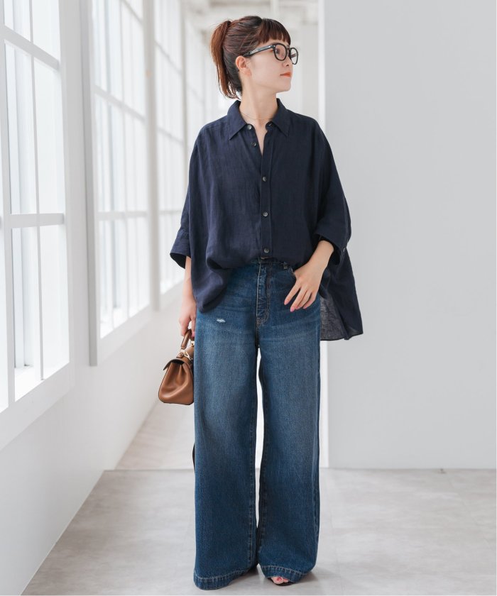 美品✨ブロカント リネン100% キャンバス グランシャツ ドルマンスリーブ　紺 broca-36-260l_1.jpg