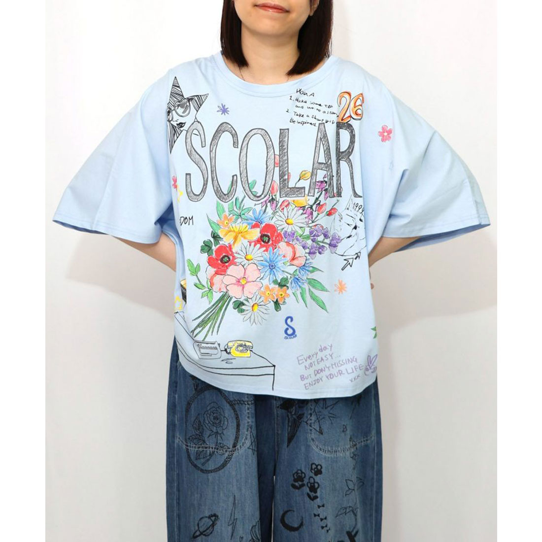 ScoLar スカラー スカラーロゴ 花束柄 接触冷感 プルオーバー Tシャツ カットソー 夏 レディース 半袖 おしゃれ 30代40代 スカラー ScoLar スカラーロゴ花束柄 接触冷感プルオーバー