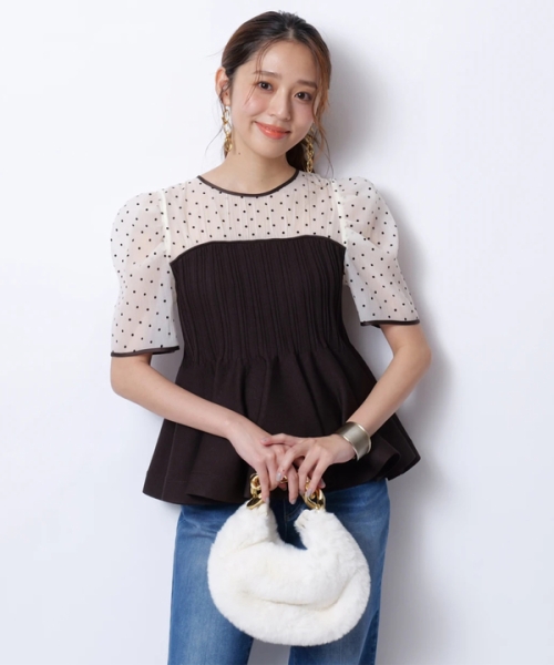 JUSGLITTY☆5分袖シアーブラウスレイヤードニット☆新品同様 ジャスグリッティー JUSGLITTY 5分袖シアーブラウスレイヤード