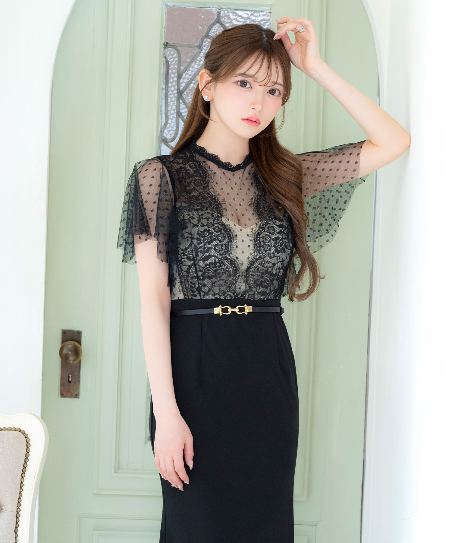 ティカ Tika キャバドレス 半袖 シアー ドット柄 フレアスリーブ